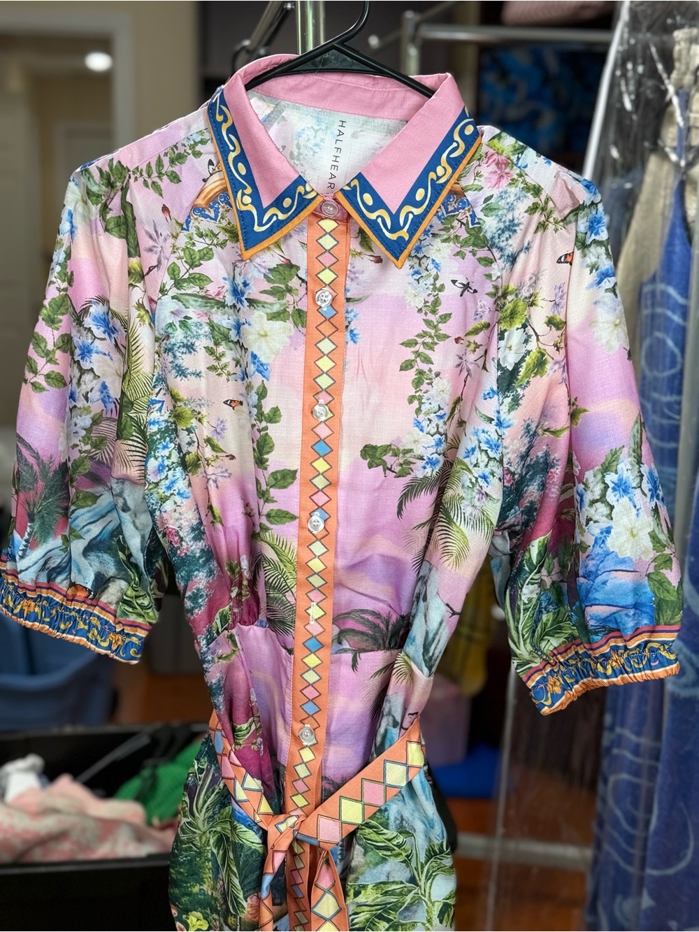 Halfheart Tropical Botanical Belted Shirt Dress Pink Midi Size M - Picture 4 of 6